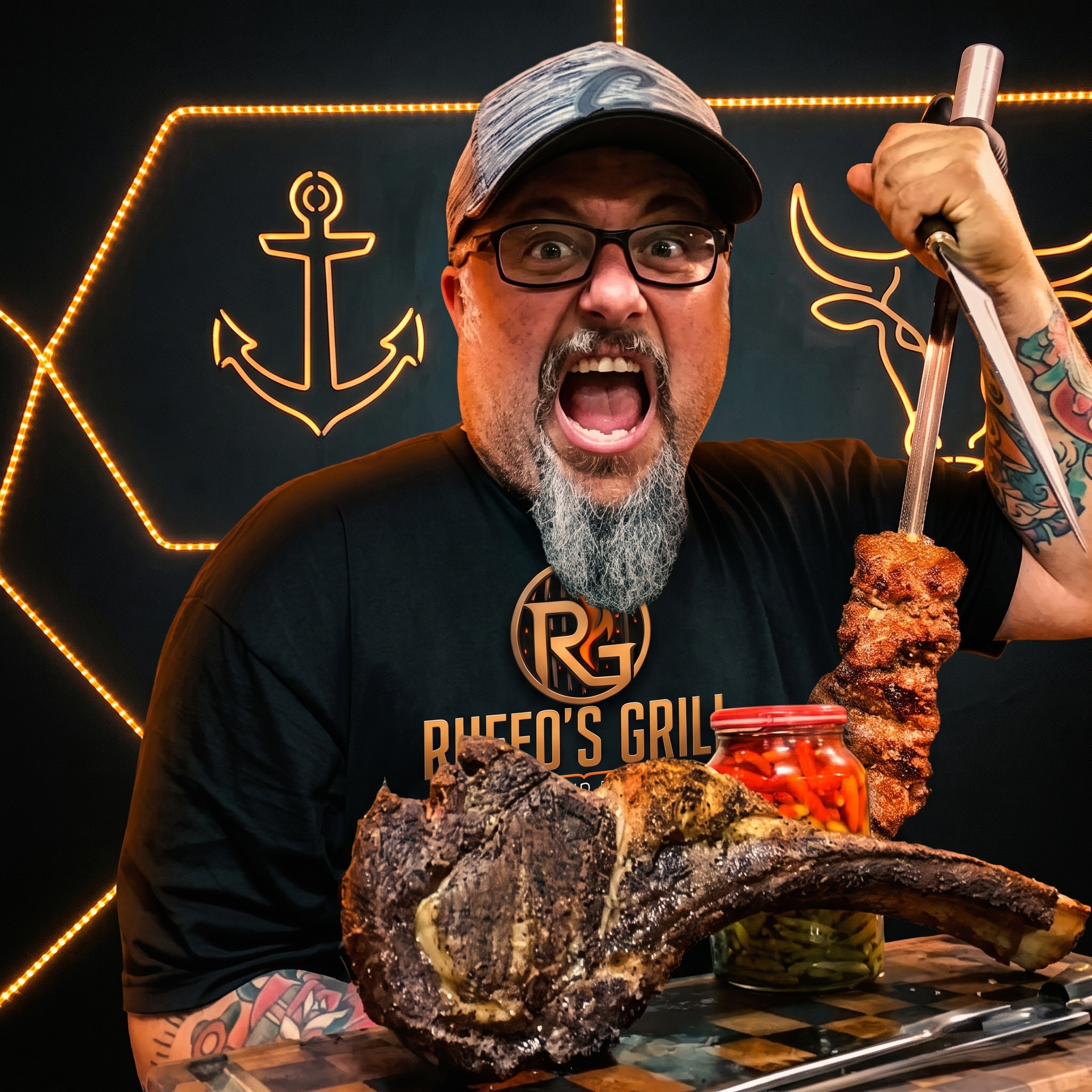 André, churrasqueiro da Ruffo's Grill, com carnes e espeto